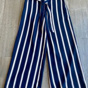 LOFT Navy and White Striped Wide Leg Pants with Blush Trim